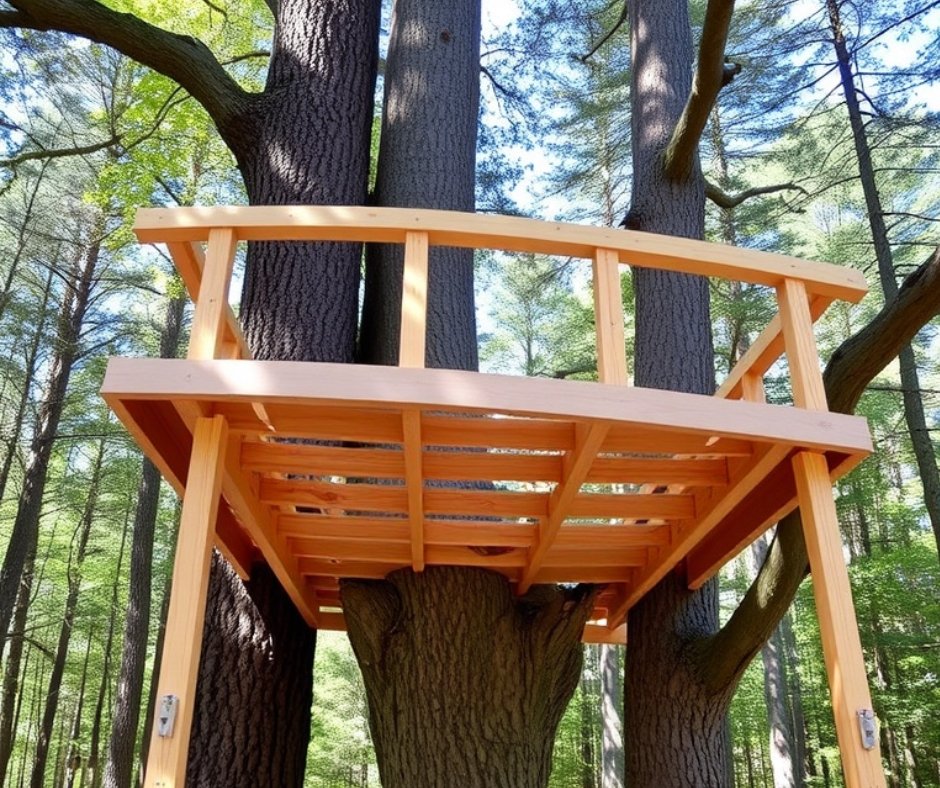 Treehouse platform frame showing 2x6 perimeter beams, interior joists spaced 16 inches apart, and attachment points to tree trunk with TABs