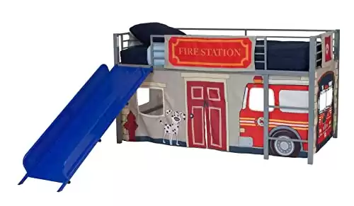 Loft Bed with Blue Slide and Fire Department Curtain