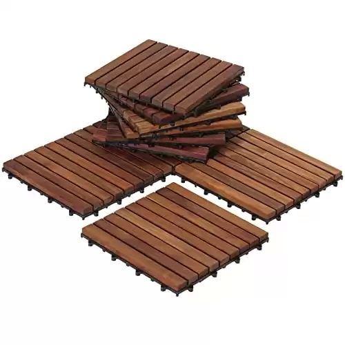 Interlocking Flooring Tiles in Solid Teak Wood Oiled Finish (Set of 10), Long 9 Slat