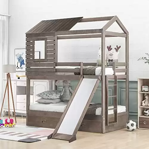 House Shaped Solid Wood Bunk Bed with Roof, Window, Guardrail, Slide, and Ladder for Kids