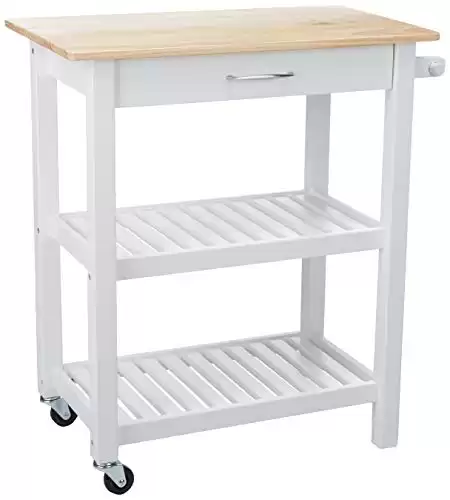 Amazon Basics Kitchen Island Cart with Storage, Solid Wood Top and Wheels - Natural / White