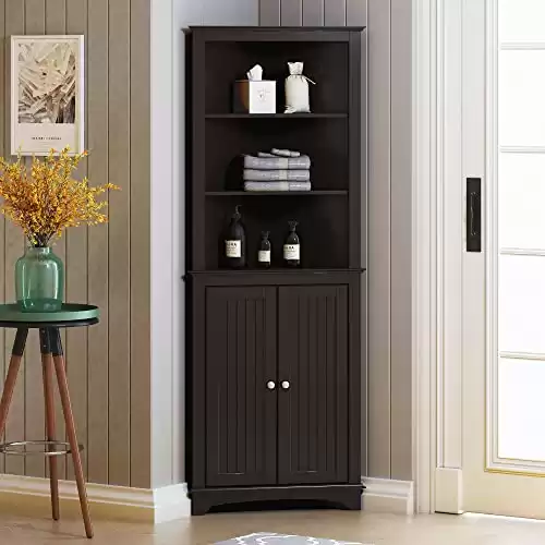 Spirich Home Tall Corner Cabinet with Two Doors and Three Tier Shelves