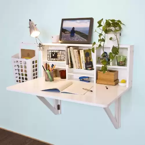 Folding Wooden Wall-Mounted Drop-Leaf  Desk Integrated with Storage Shelves