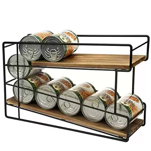 MyGift 2-Tier Rustic Burnt Wood & Black Metal Wire Pantry Canned Foods Dispenser