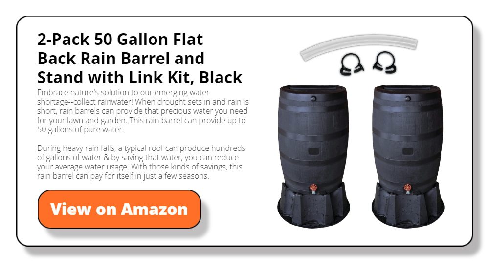 2-Pack 50 Gallon Flat Back Rain Barrel and Stand with Link Kit, Black
