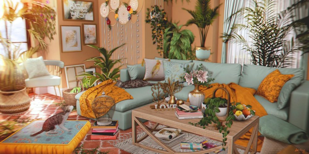 An image of a boho style living room for the article about "Bohemian style decorating."