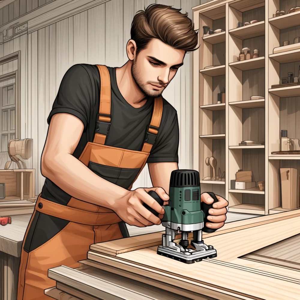 A caucasian male using a compact router