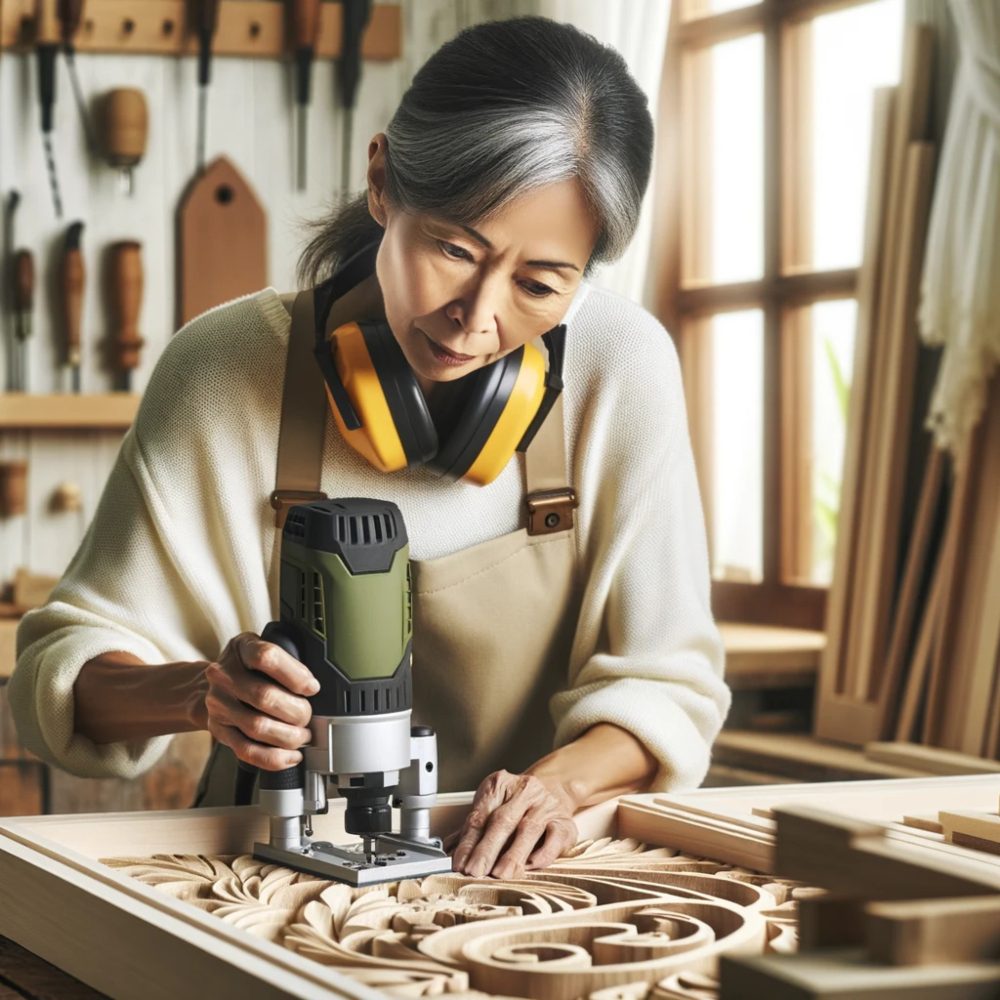 An asian woman doing wood working.
