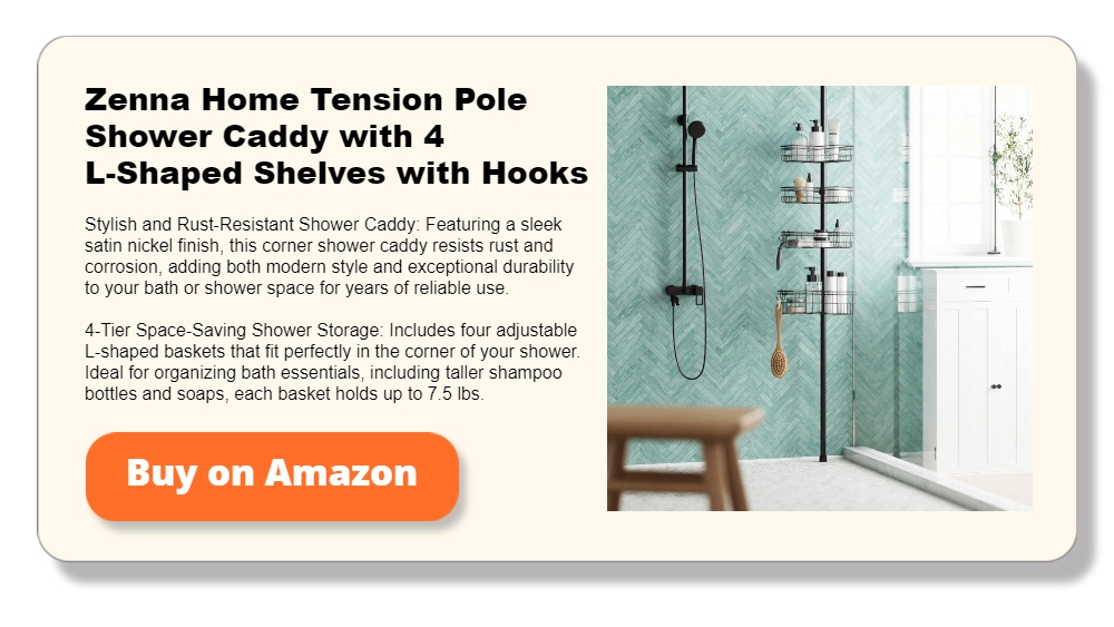 Zenna Home Tension Pole Shower Caddy with 4 L-Shaped Shelves with Hooks