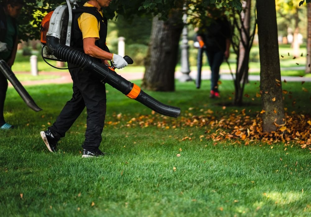 An image of a man blowing leaves with a machine. 