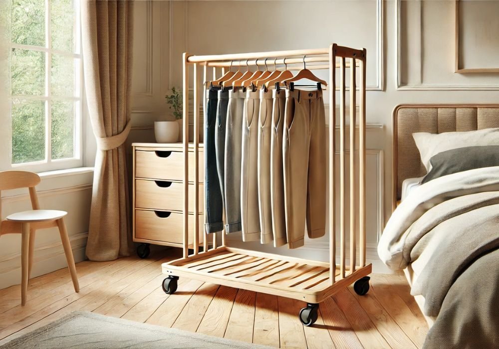 An image of a wooden pants trolley placed near the bed. 