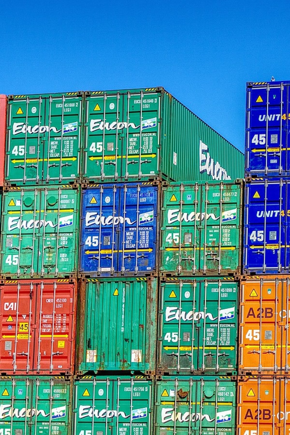 Shipping containers are immensely strong, capable of being stacked nine units high.