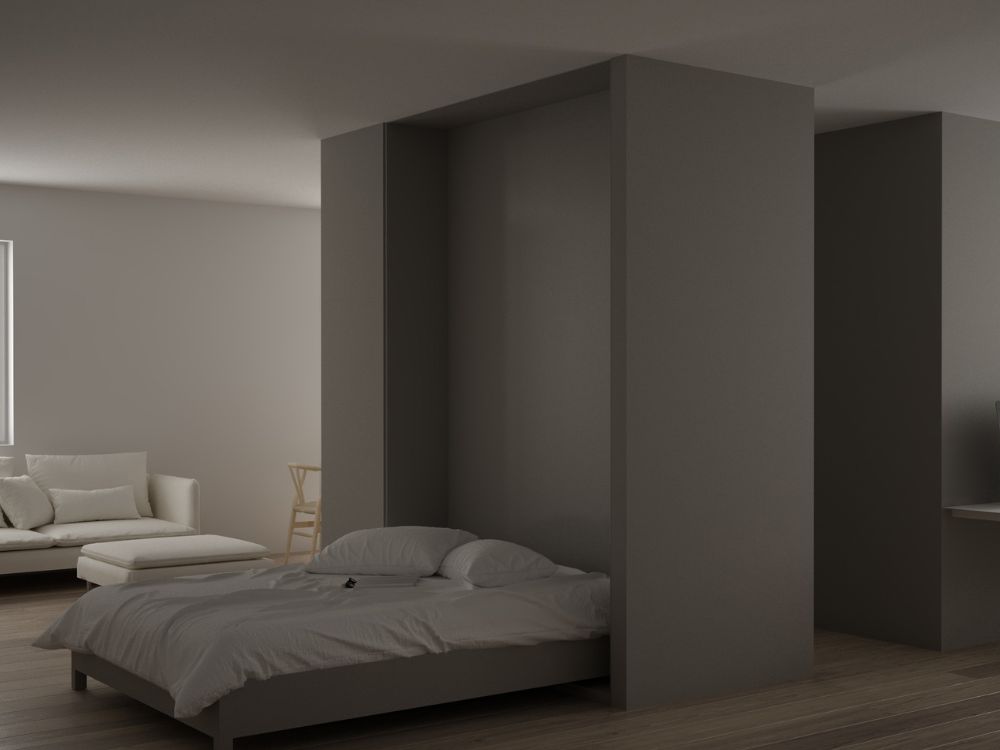  image of a murphy bed installed onto a black wall. 