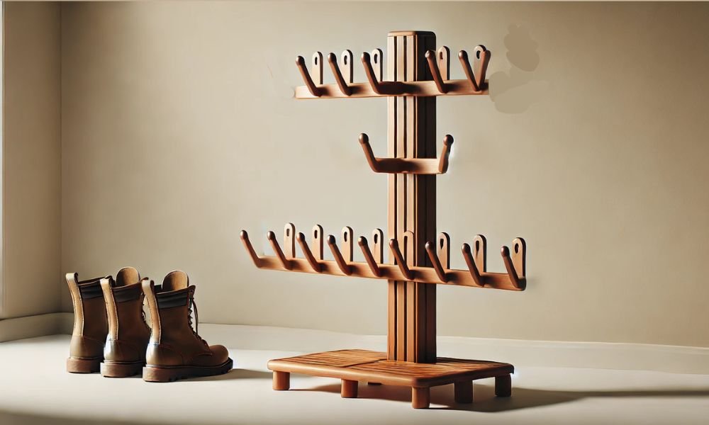 An image of a wooden boot rack. 