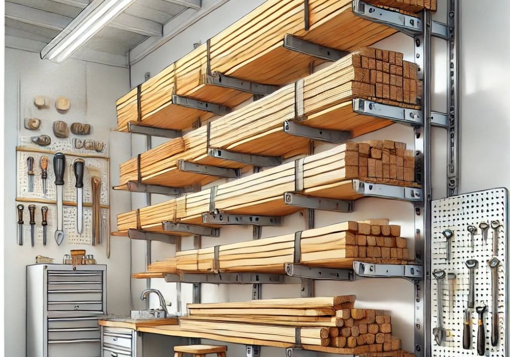 An image of wall-mounted lumber rack ideas.