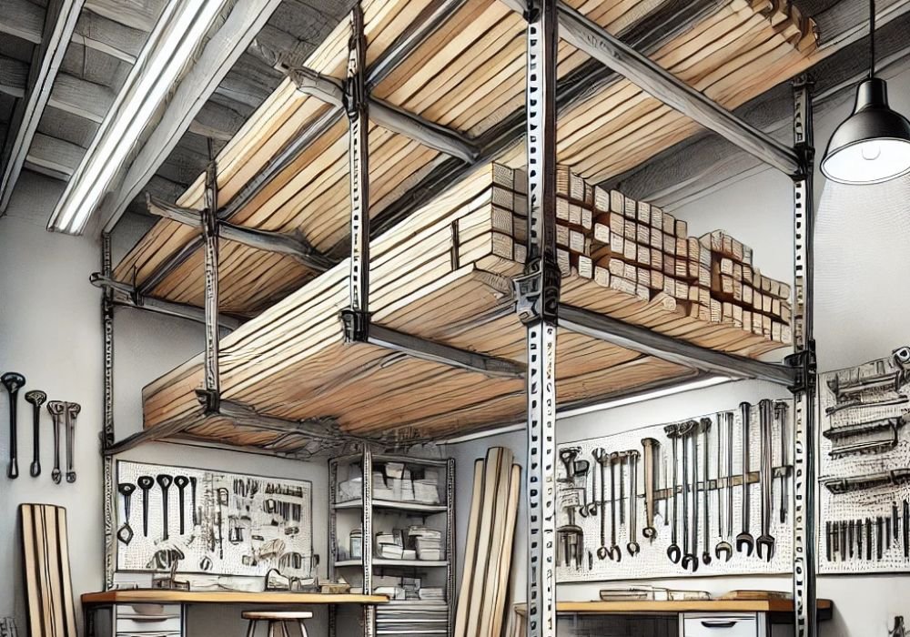 An image of an overhead lumber rack.