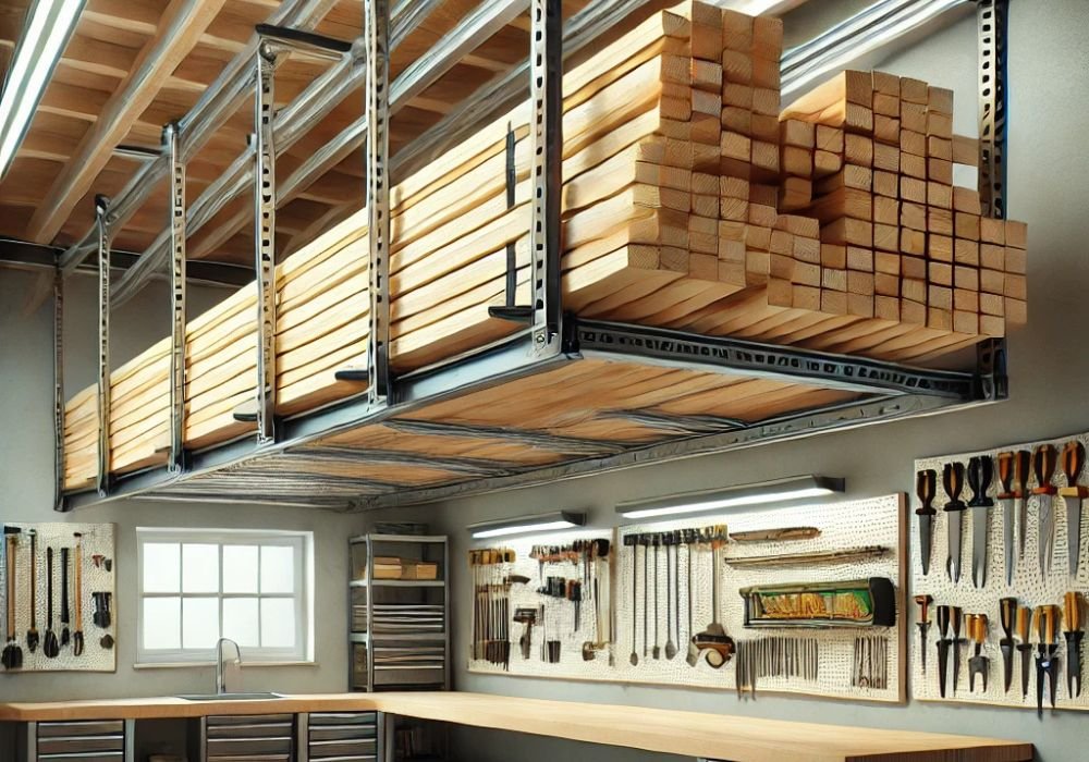 An image of an overhead lumber rack. 