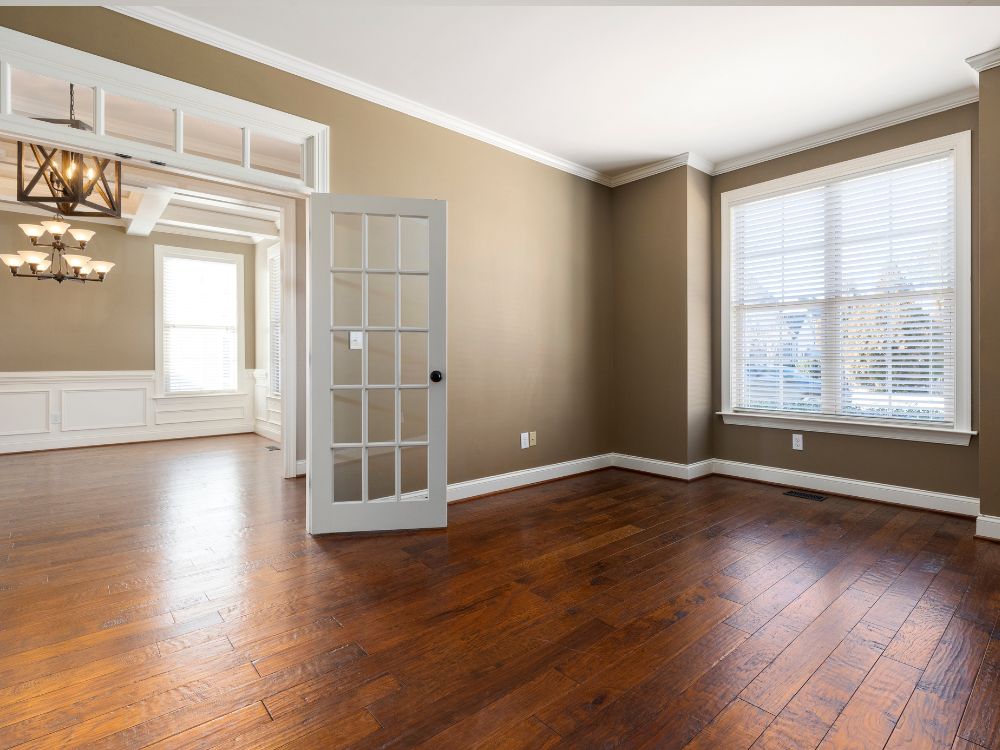 An image of a home with walnut wood flooring.