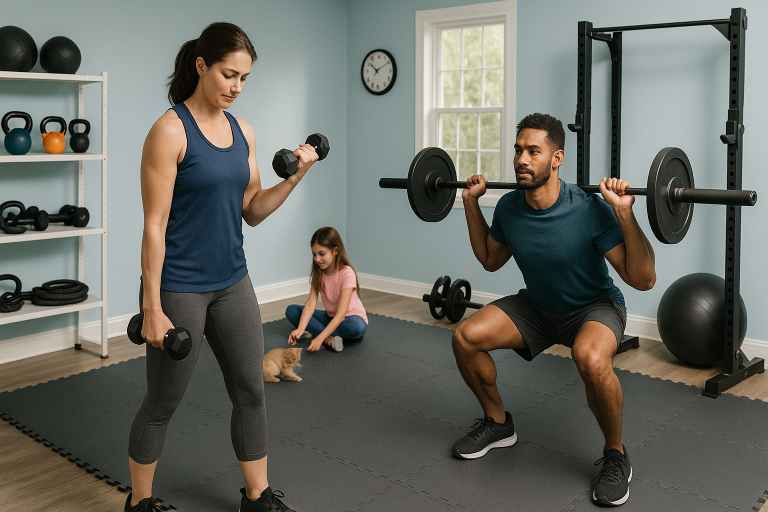 A couple working out in their home gym.