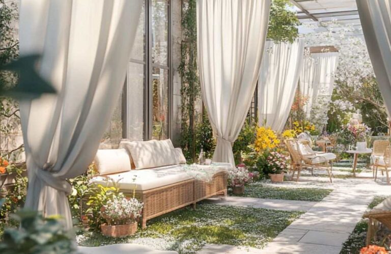 An image of a layered curtain for an article about backyard DIY projects.