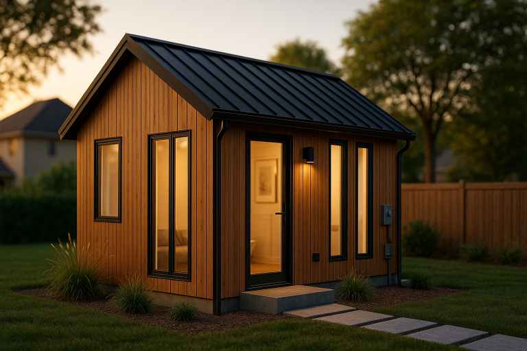 An image of a prefab guest house with bathroom.