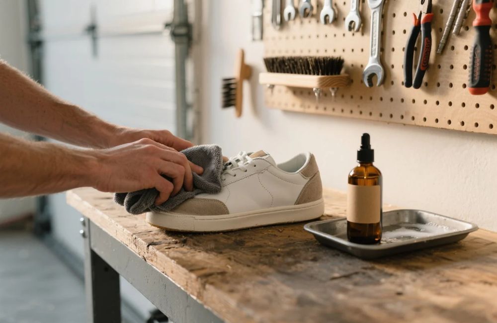 An image of a person cleaning their shoes. 