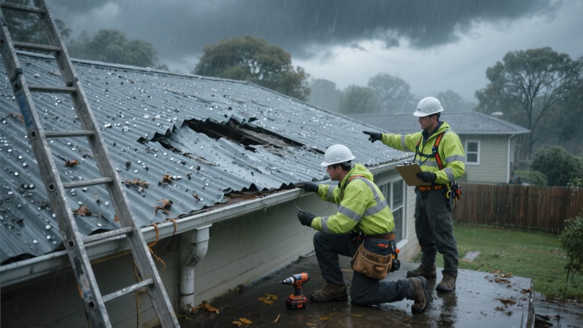 A storm damaged roof