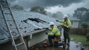 A storm damaged roof