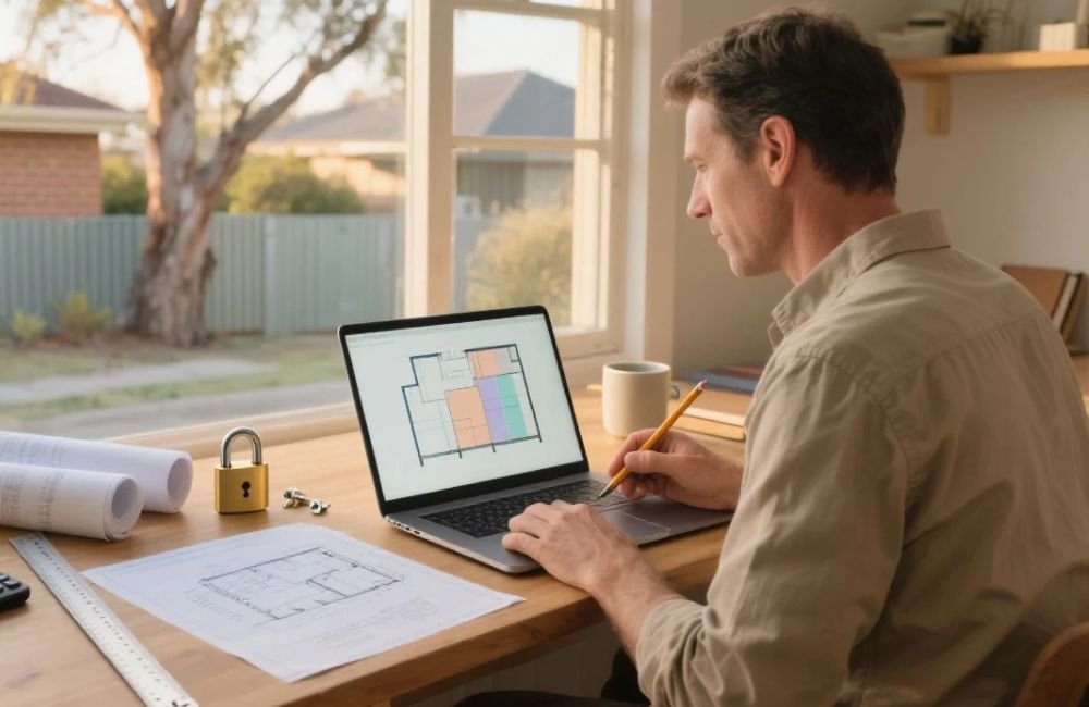 An image of a homebuilder creating his plans for an article about cyber security.