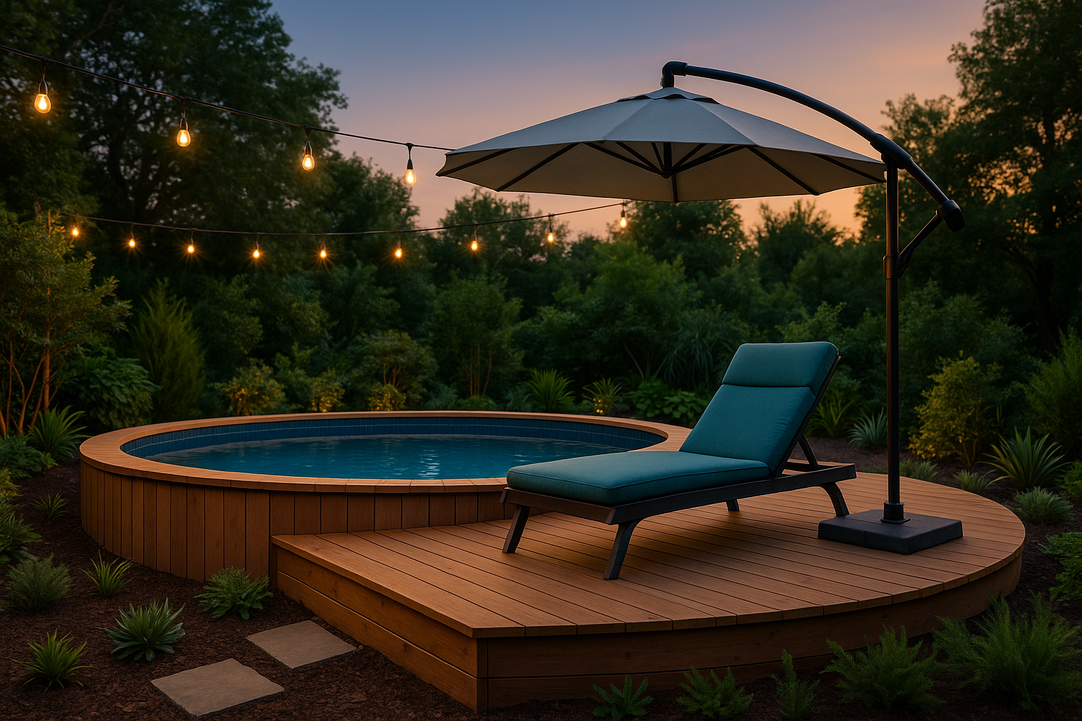 An image of a Cantilever (Offset) Umbrella on a pool deck.