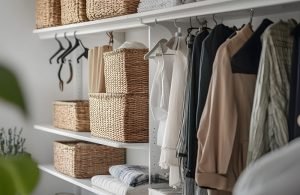 An image of an organized closet for an article about seasonal home organization.