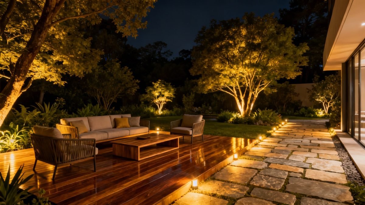 Outdoor entertaining area at night with subtle lighting.