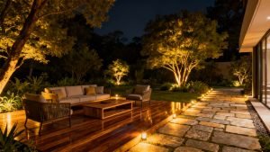 Outdoor entertaining area at night with subtle lighting.