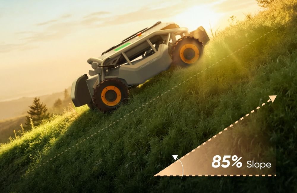 an image of a MOWRATOR going up a slope.