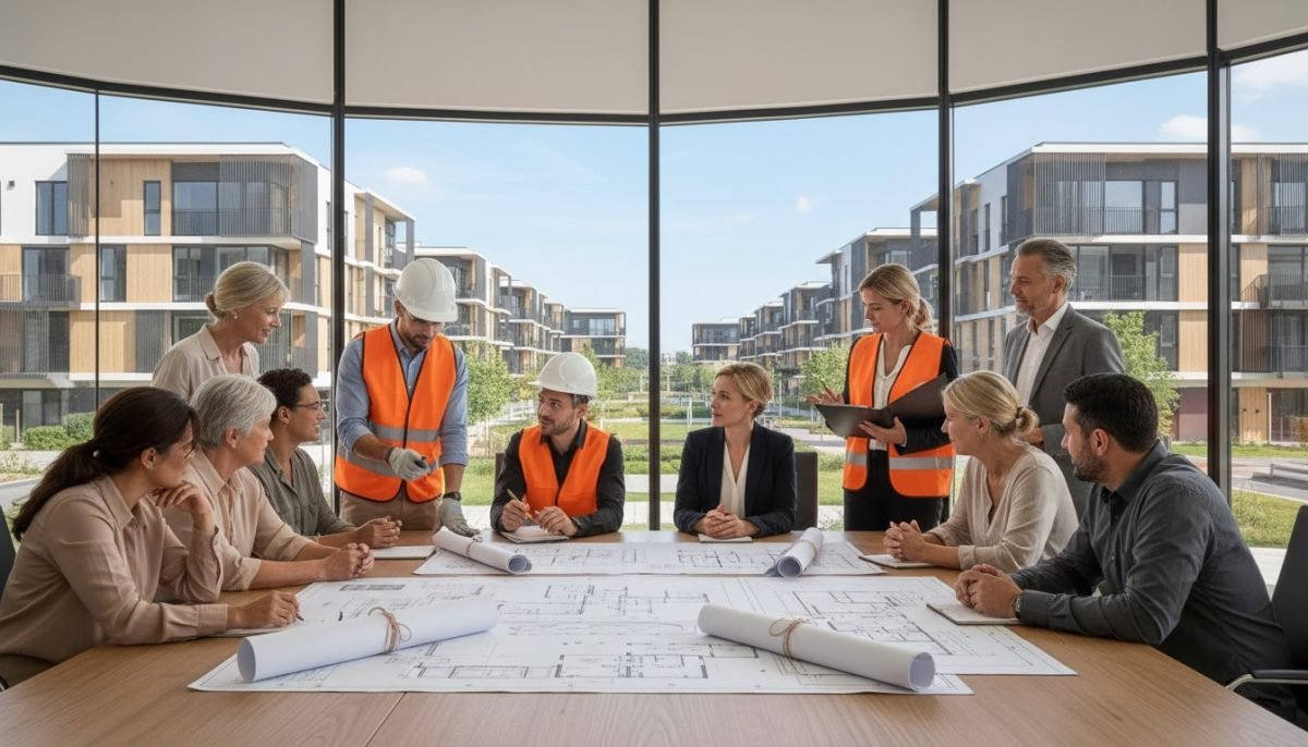 Shows builders and community members collaborating at a meeting with blueprints, emphasizing the constructive dialogue approach