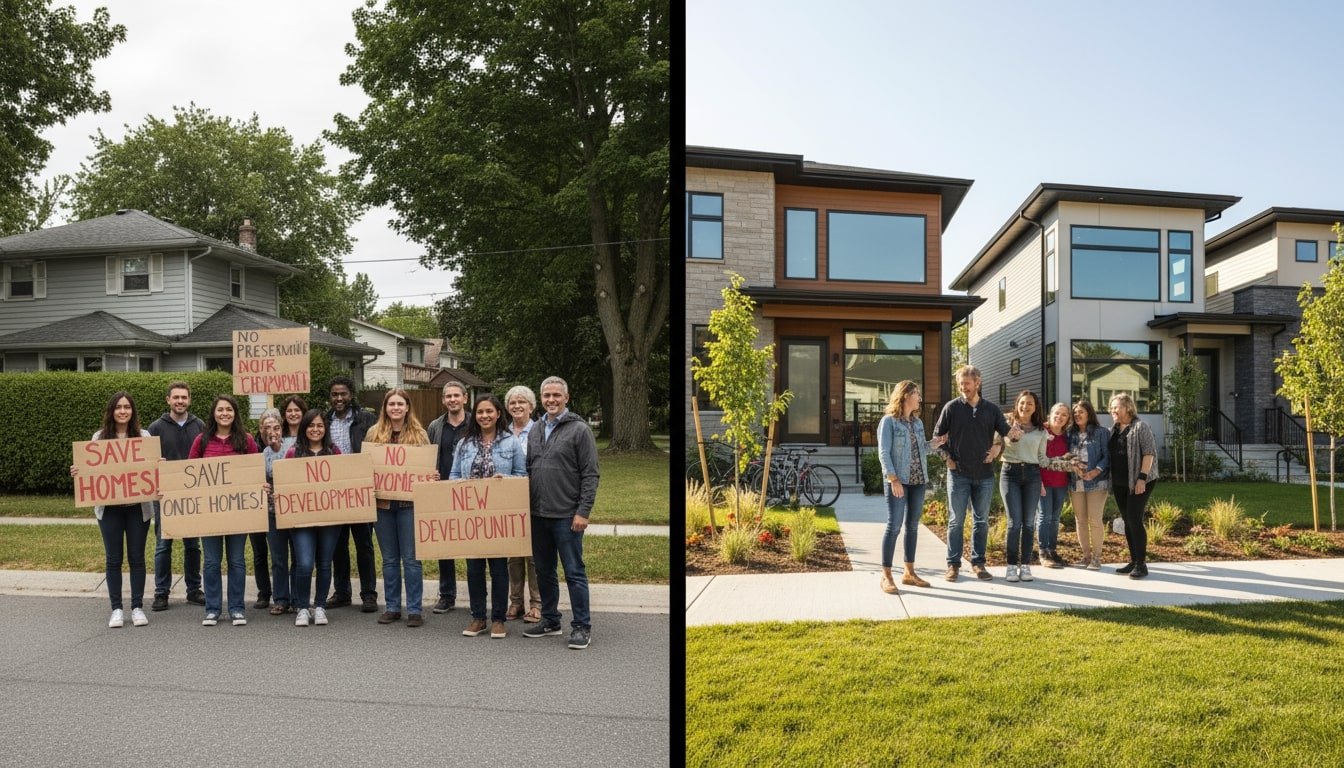 A split-screen showing the journey from opposition to acceptance, illustrating how concerns can turn into community satisfaction.