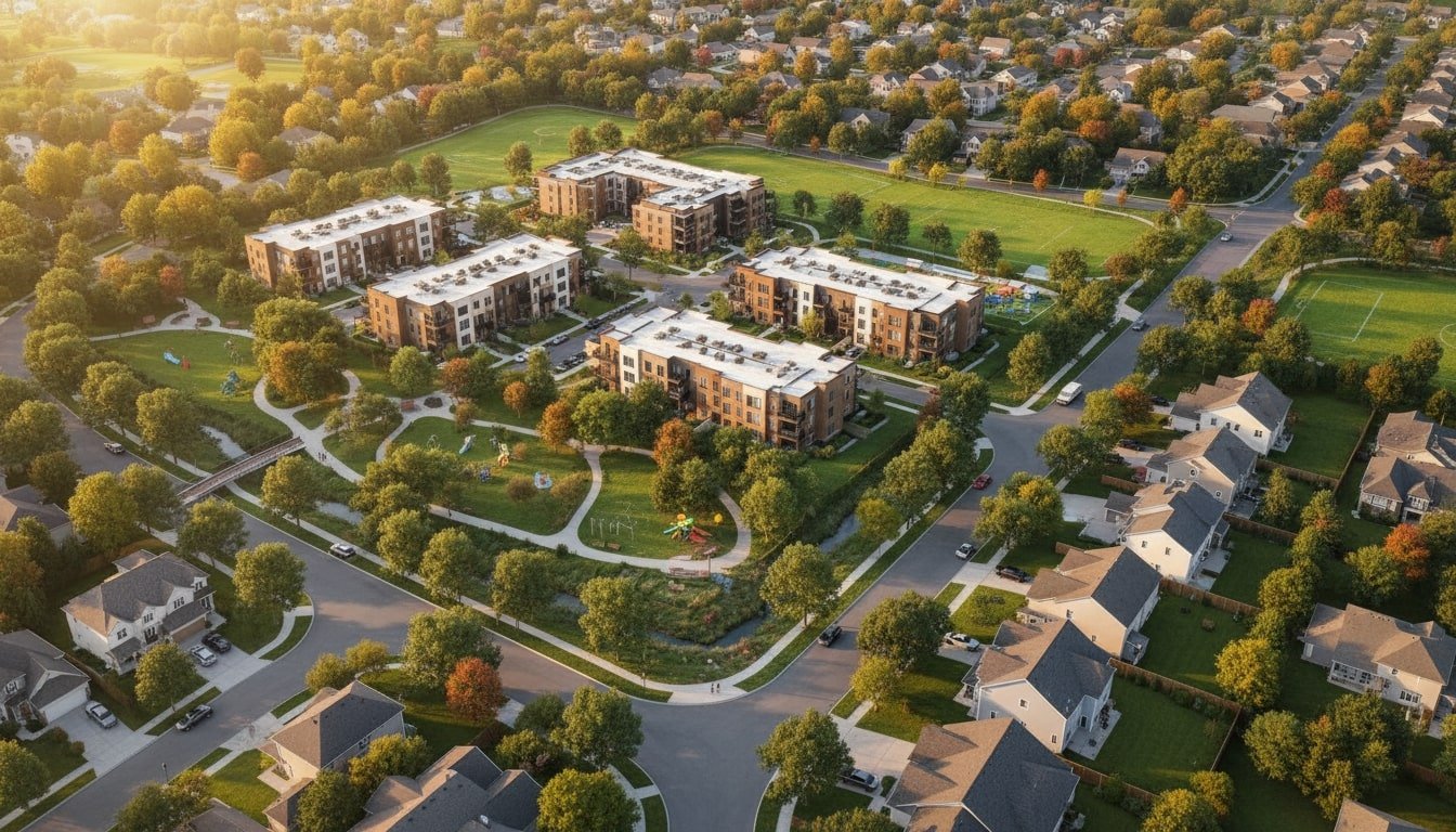 Aerial view demonstrating how new multi-family housing can blend seamlessly with existing neighborhoods through thoughtful design.