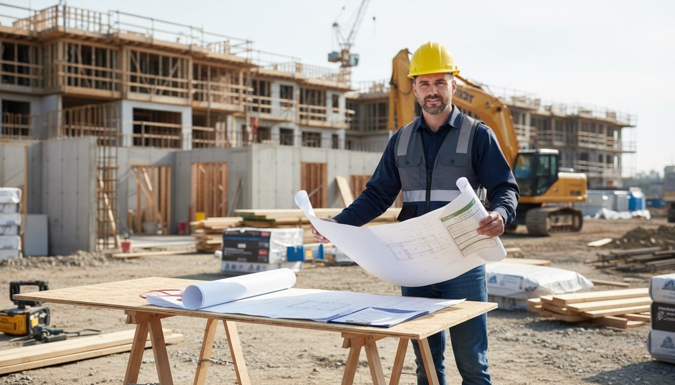 A confident builder reviewing plans at a construction site, representing expertise and preparedness in navigating challenges.