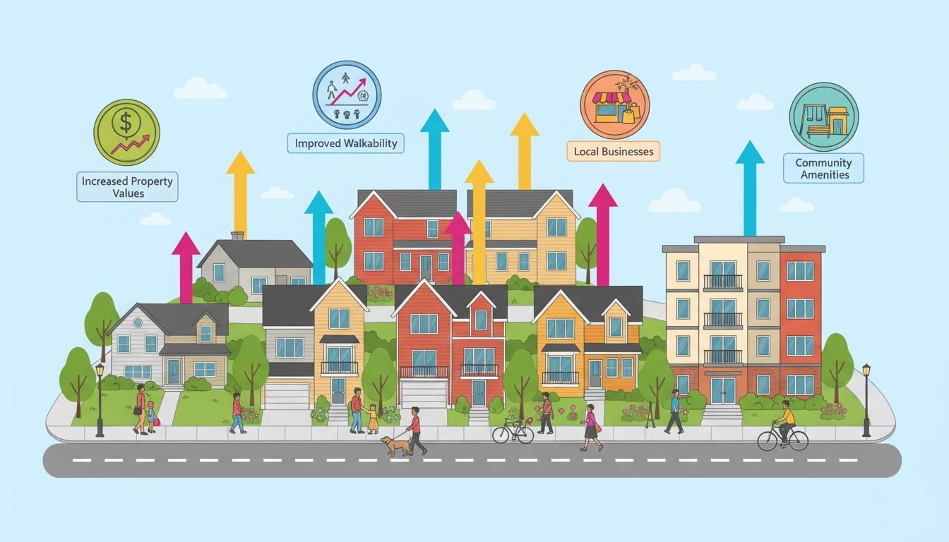 An infographic-style illustration highlighting the positive impacts of development like property values, walkability, and amenities.