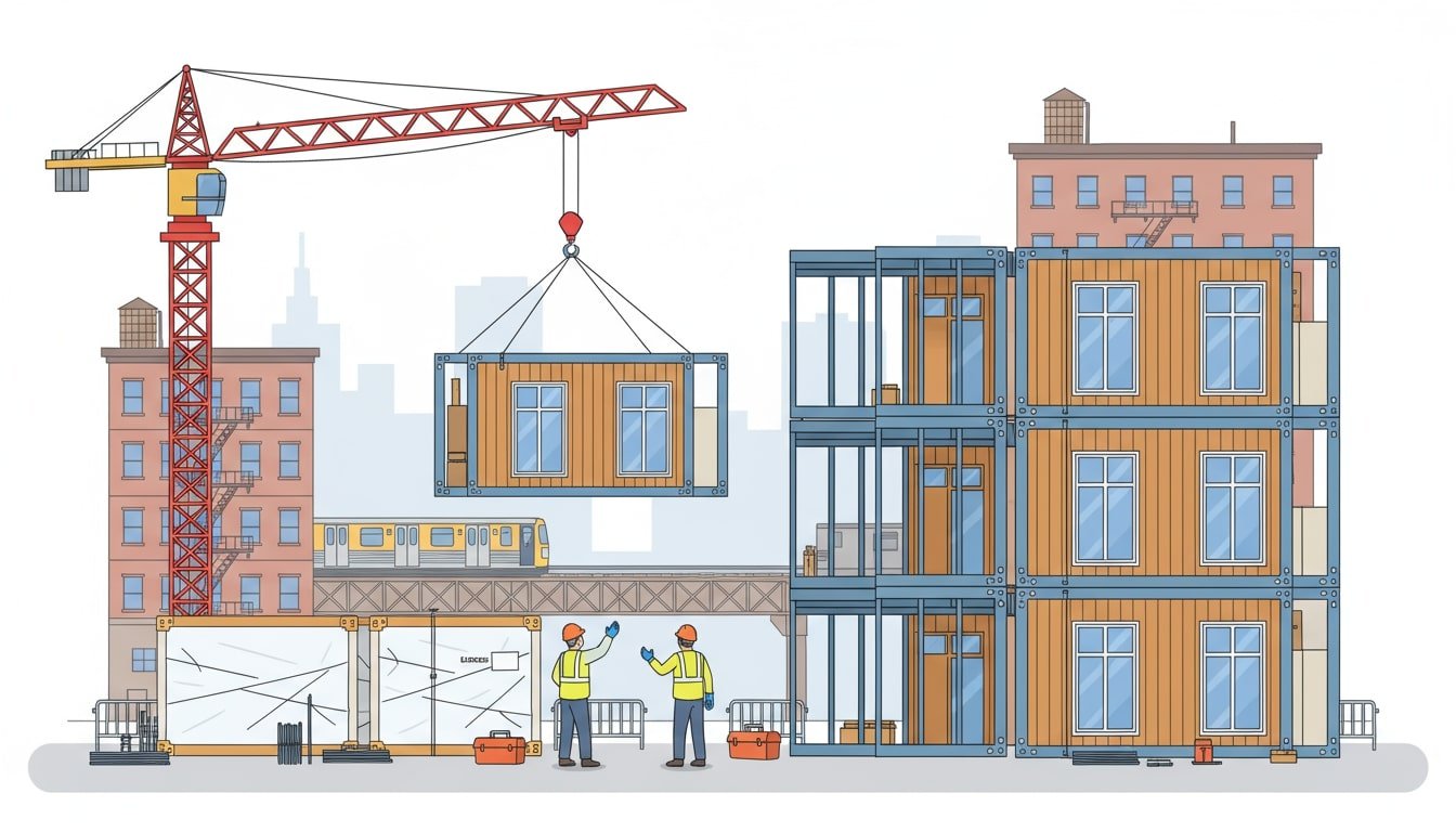 An image of prefab homes and modular units being installed. 