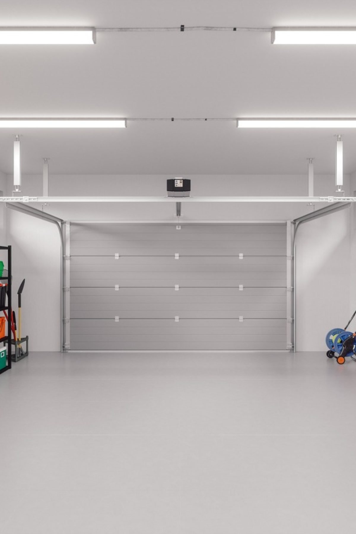 Bright, organized garage with seamless epoxy floor, showcasing a professional finish that boosts home appeal.