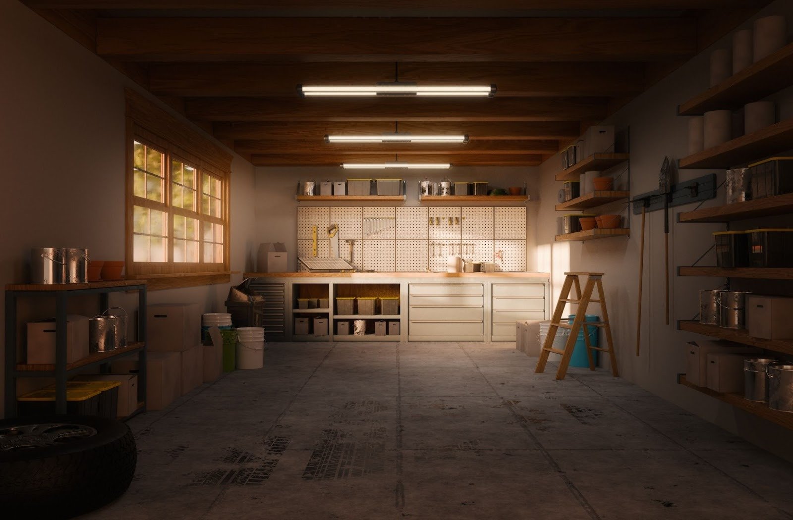 Garage with stained concrete floor, highlighting how poor flooring can detract from a home’s perceived value.
