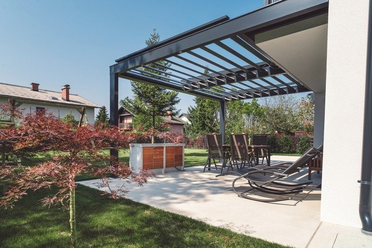 Concrete patio with clean lines and outdoor furniture, demonstrating a durable, low-maintenance finish for daily use
