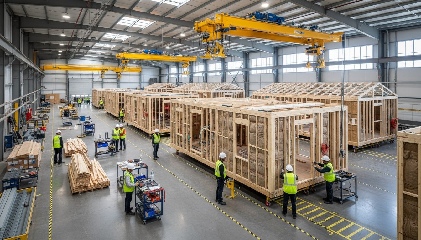 An image of pre fabricated homes being made.