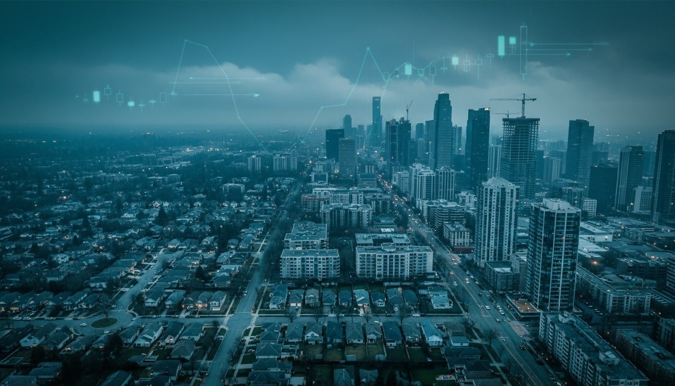 An image of conceptual aerial of suburb-to-city with financial graph overlays