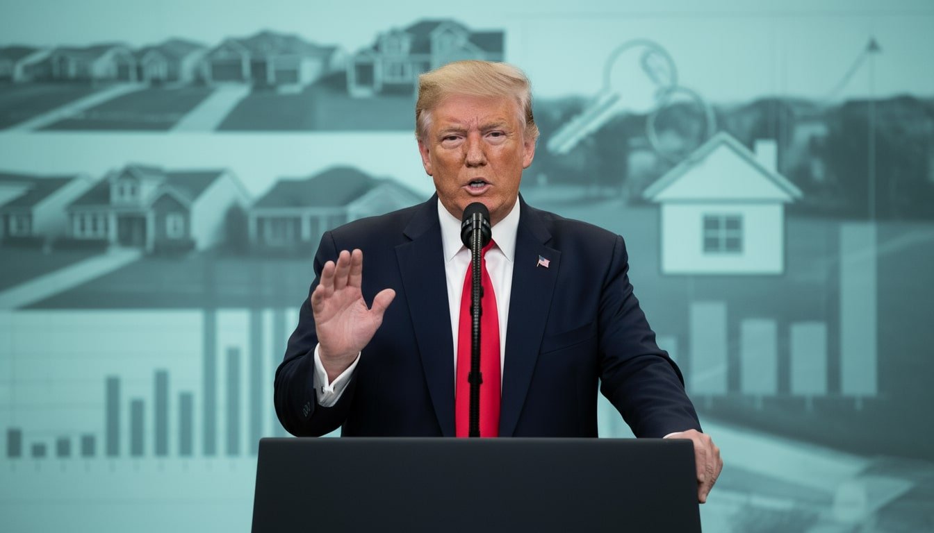 An image of trump presenting his 50 year mortgage plan.