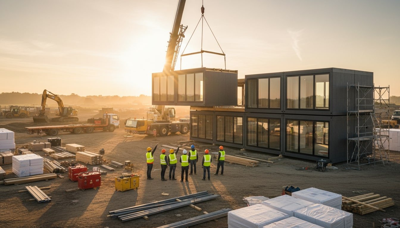 Highlights the alternative housing construction methods discussed in your article, showing modern modular assembly.