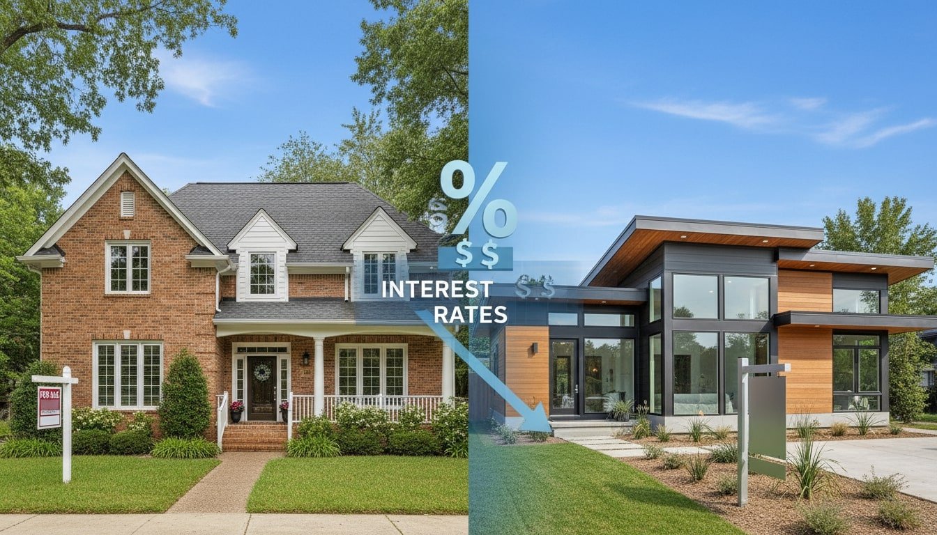 A split-screen visual comparing traditional site-built and prefab homes with mortgage comparison elements.