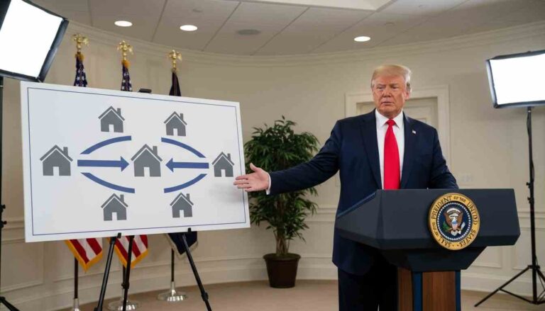 An image of Donald Trump presenting portable mortgage plan.