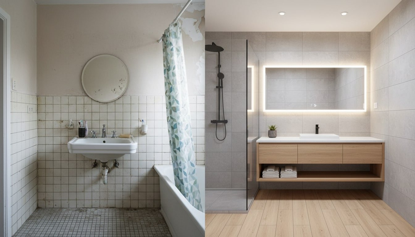 A split image showing an outdated, cramped bathroom on the left and a beautifully remodeled, modern bathroom on the right. Strong visual “before and after” contrast, perfect for illustrating the transformation that comes from hiring the right remodeler.